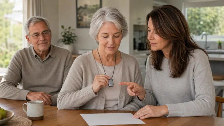 Older woman wearing a medical alarm pendant while her adult daughter explains it at a kitchen table, with an older man sitting nearby.