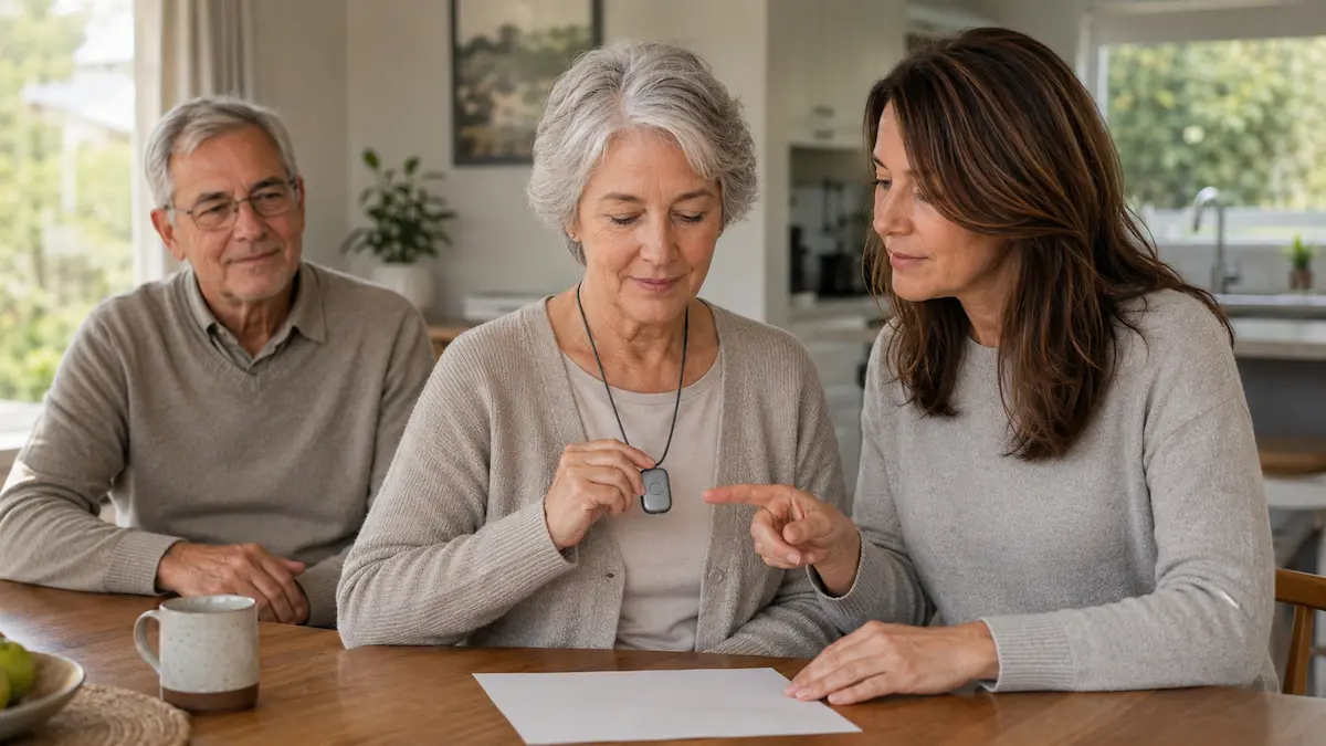 Older woman wearing a medical alarm pendant while her adult daughter explains it at a kitchen table, with an older man sitting nearby.