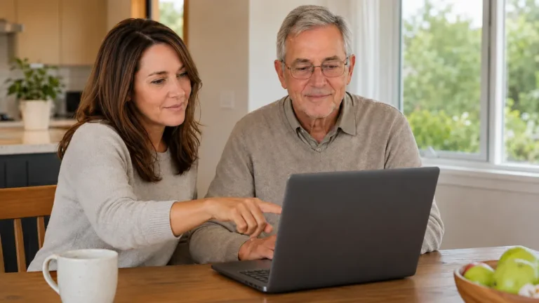 Adult daughter helping senior father make a Windows laptop easier to use at home.