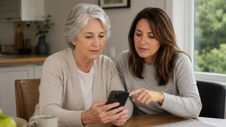 Senior mother and adult daughter looking calmly at a smartphone after a suspicious text message.