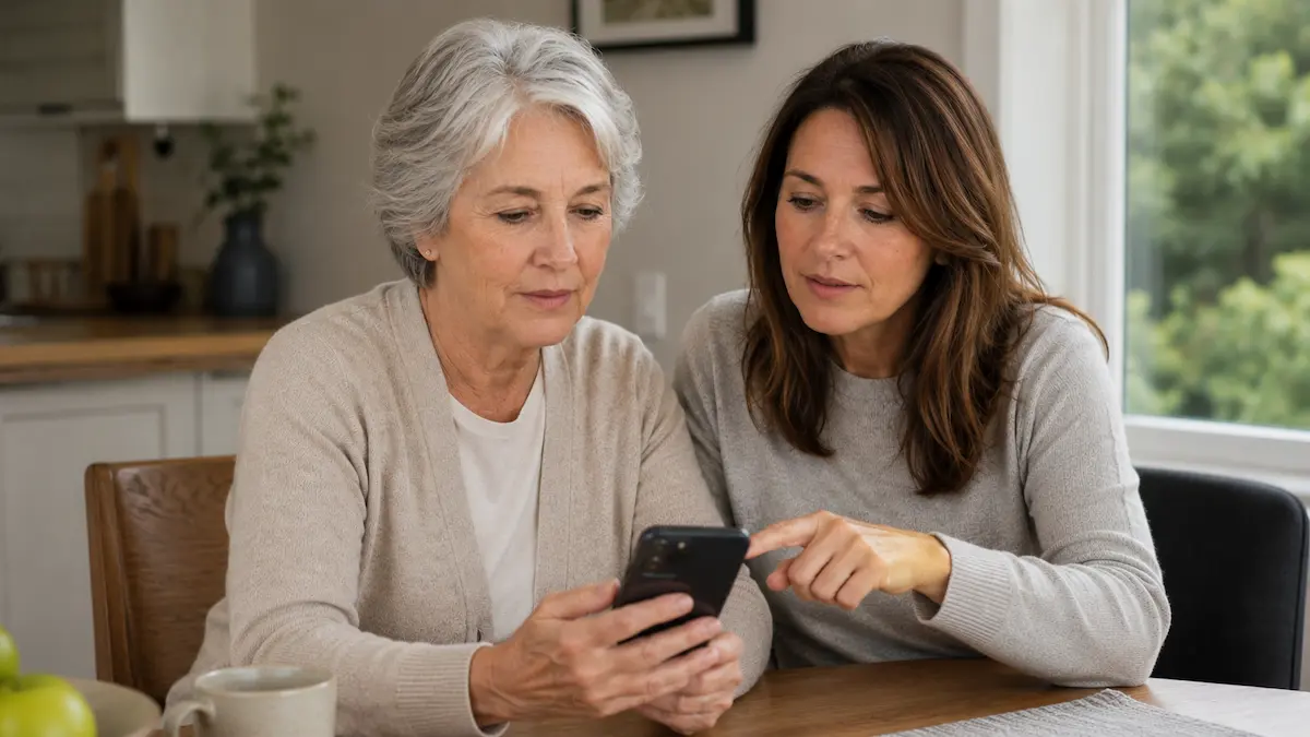 Senior mother and adult daughter looking calmly at a smartphone after a suspicious text message.