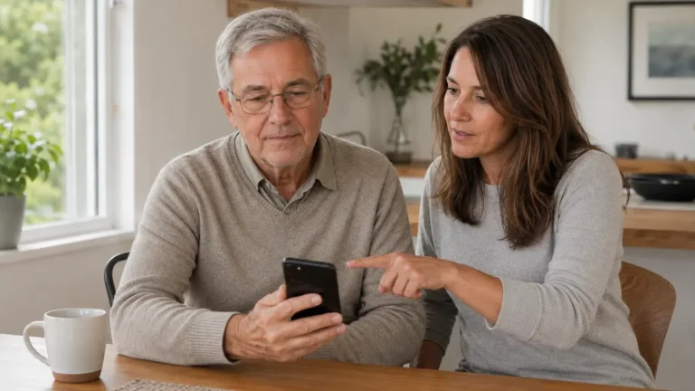 Older man and adult daughter calmly checking a smartphone together at a kitchen table while discussing a possible scam text message.