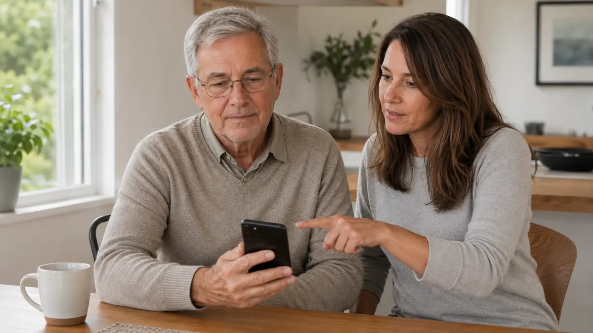 Older man and adult daughter calmly checking a smartphone together at a kitchen table while discussing a possible scam text message.
