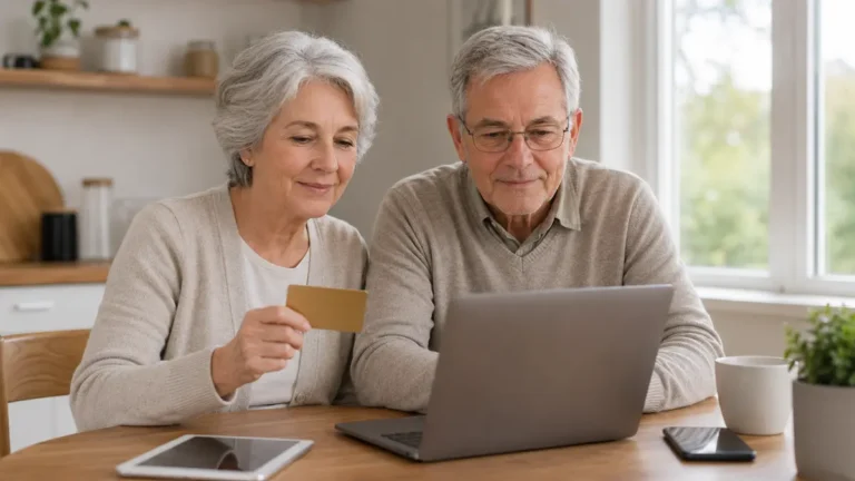 Older couple sitting at a kitchen table using a laptop, with a plain gold discount card, tablet and phone nearby.