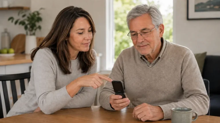 Adult daughter helps an older man use a simple flip phone at a kitchen table in a bright New Zealand home.