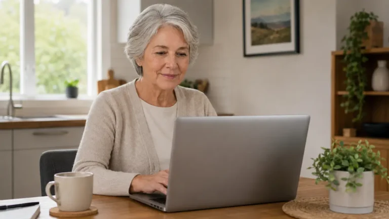 Older woman sitting at a kitchen table using a laptop in a bright New Zealand home.