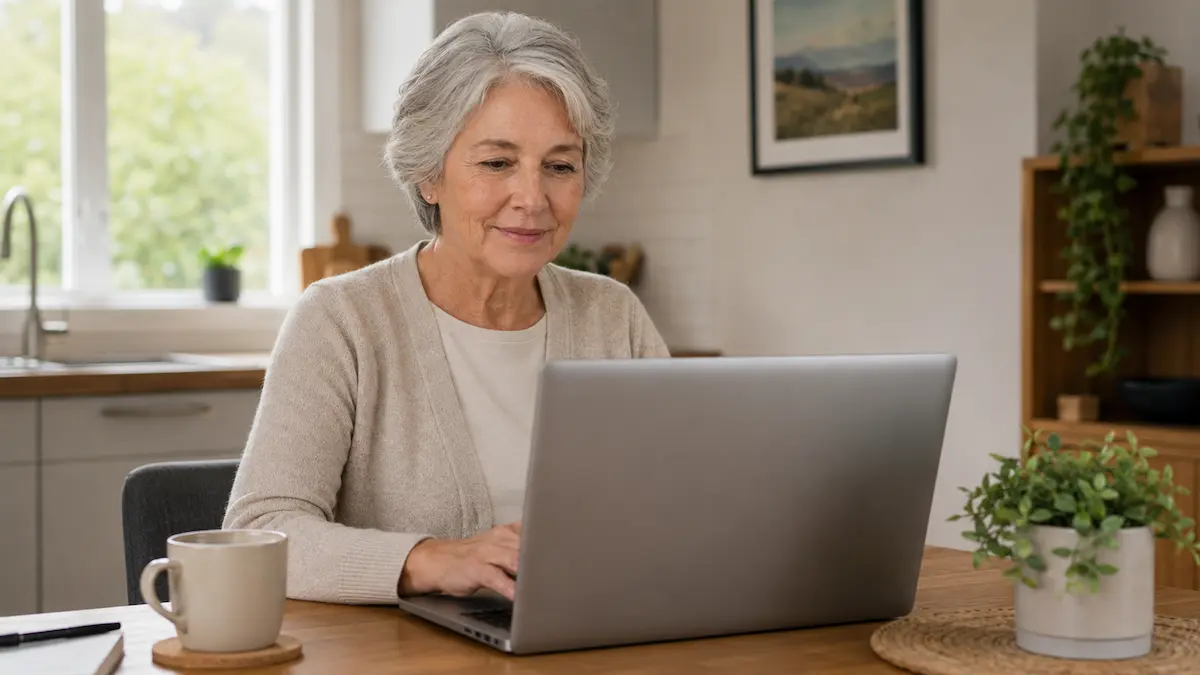 Older woman sitting at a kitchen table using a laptop in a bright New Zealand home.