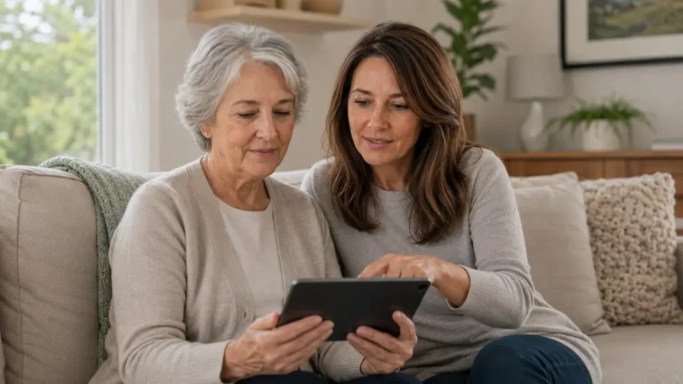 Senior Mum learning about AI on a tablet with help from her adult daughter in a calm New Zealand lounge.