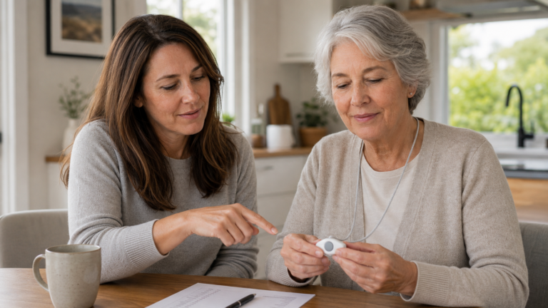 Senior woman and adult daughter discussing a medical alarm device at a kitchen table in a New Zealand home.