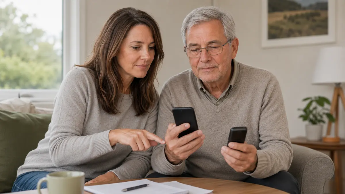 Adult daughter helping her older father compare phones at home in New Zealand.