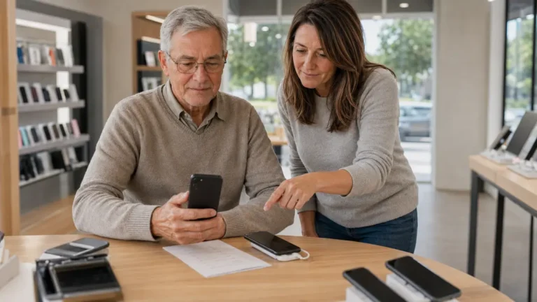 Adult daughter helps her father compare smartphones at a phone shop counter