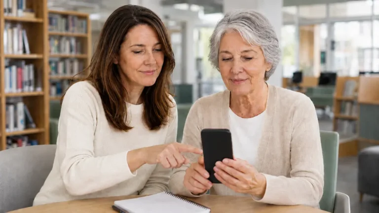 Adult daughter helping an older woman adjust iPhone settings in a quiet library technology help area.Adult daughter helping an older woman adjust iPhone settings in a quiet library technology help area.