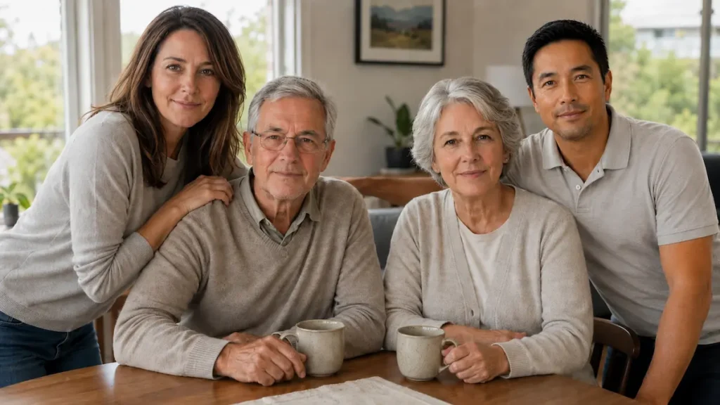 Older New Zealanders and family members using everyday technology together at home.